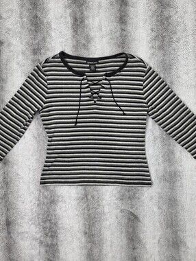 Express Jeans Grey Stripe Lace-Up Top | 3/4 Sleeve Fitted Knit | Y2K | Large